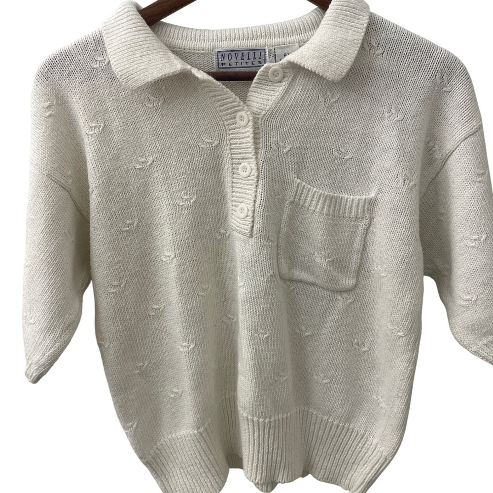 Cream Knit Polo Sweater Textured Leaf Pattern  Cottagecore GrandmaCore Petit‎ Lg